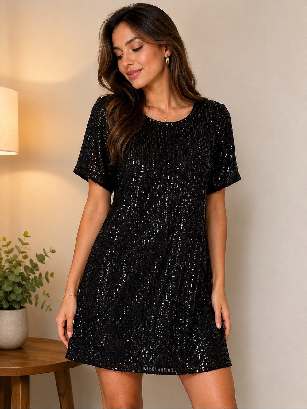MSK Black Sequin Short Sleeve Mini Medium Dress